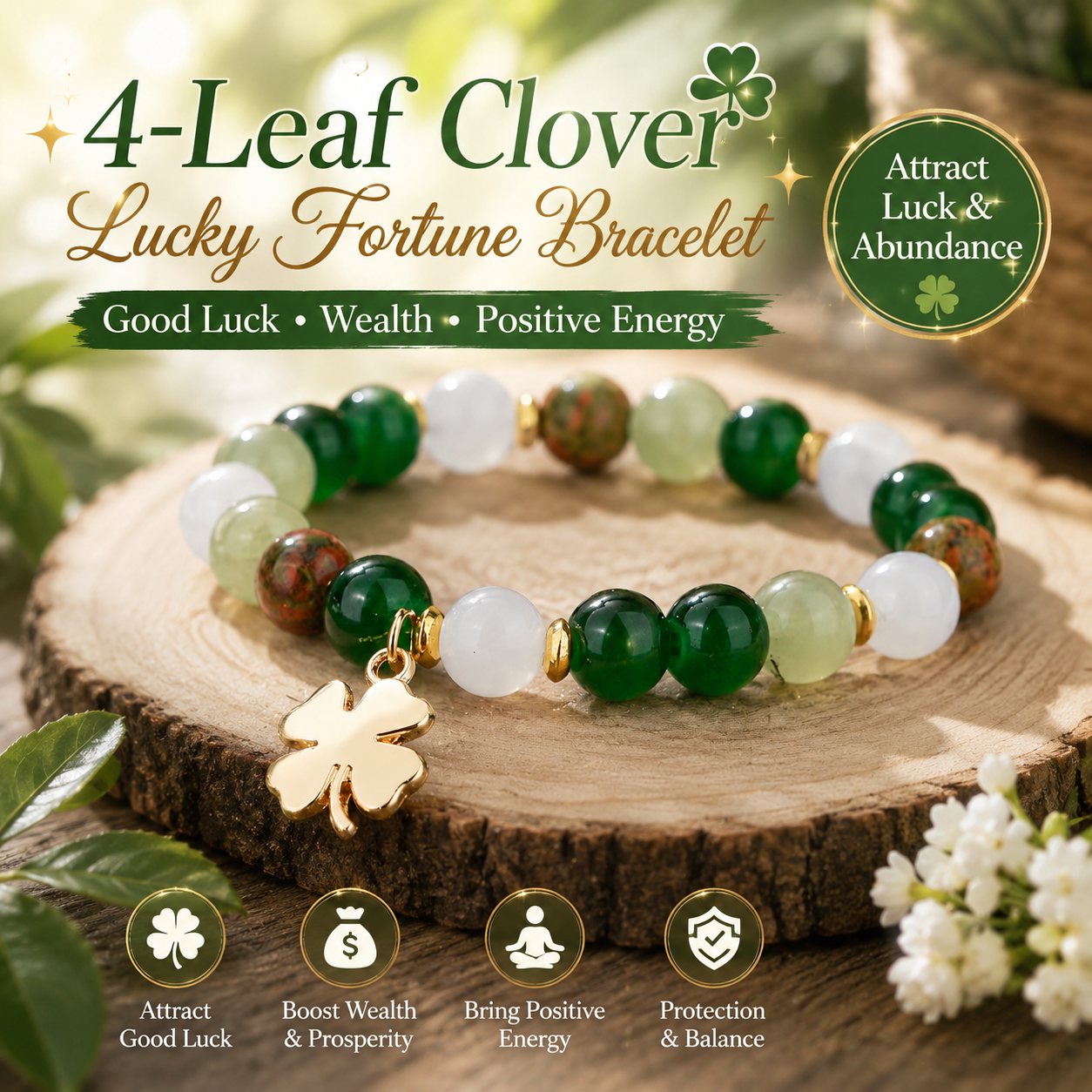 4-Leaf Clover Fortune Bracelet Carry Luck, Beauty, and Positive Energy Every Day-ZP