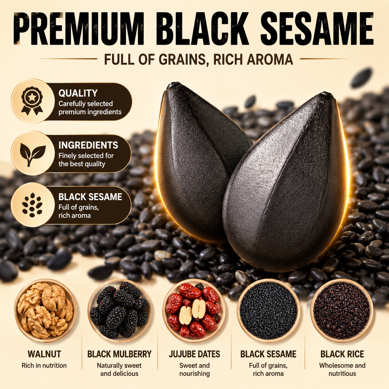 Intangible Heritage 5-Treasure Black Sesame Balls – Nine-Steamed & Nine-Sun-Dried Traditional Craft & Repair Damaged Hair&Promote Sleep-WR