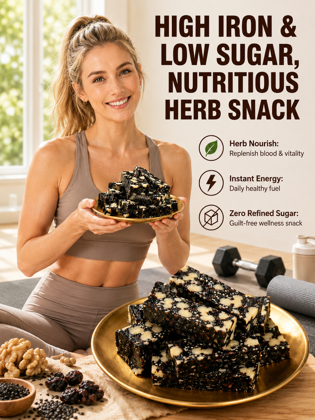 Mulberry Rehmannia & Black Goji Sesame Cake – Soft Herbal Nut Snack, Low Sugar Energy Bar-WR