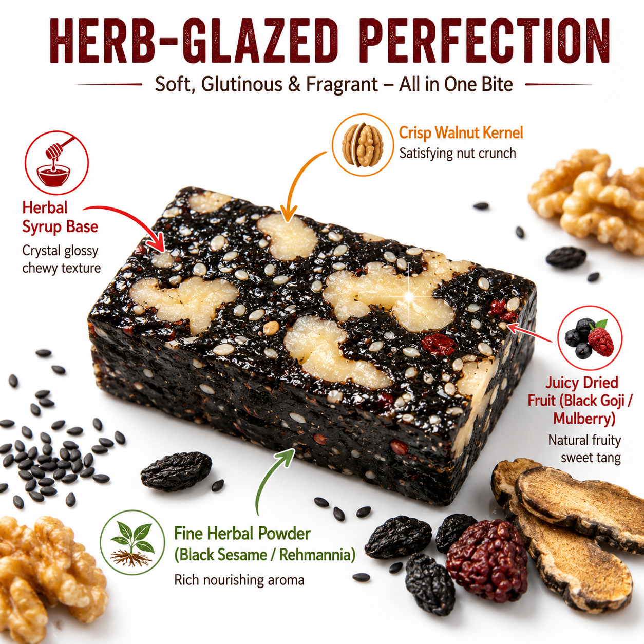 Mulberry Rehmannia & Black Goji Sesame Cake – Soft Herbal Nut Snack, Low Sugar Energy Bar-WR