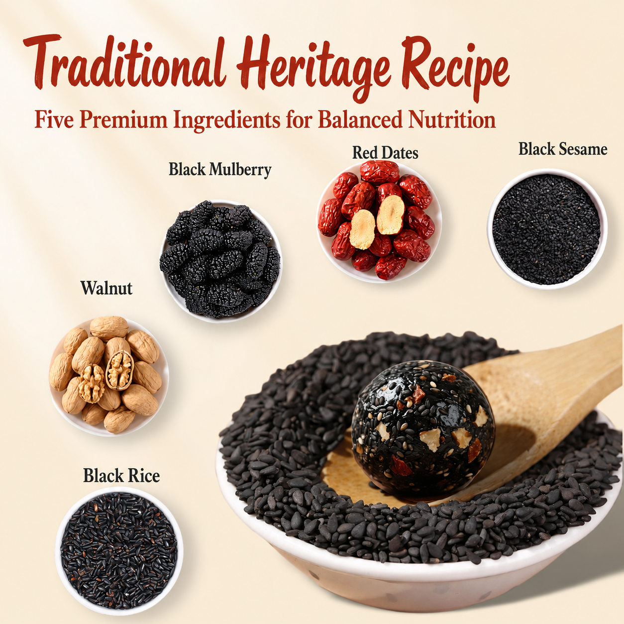 Intangible Heritage 5-Treasure Black Sesame Balls – Nine-Steamed & Nine-Sun-Dried Traditional Craft & Repair Damaged Hair&Promote Sleep-WR