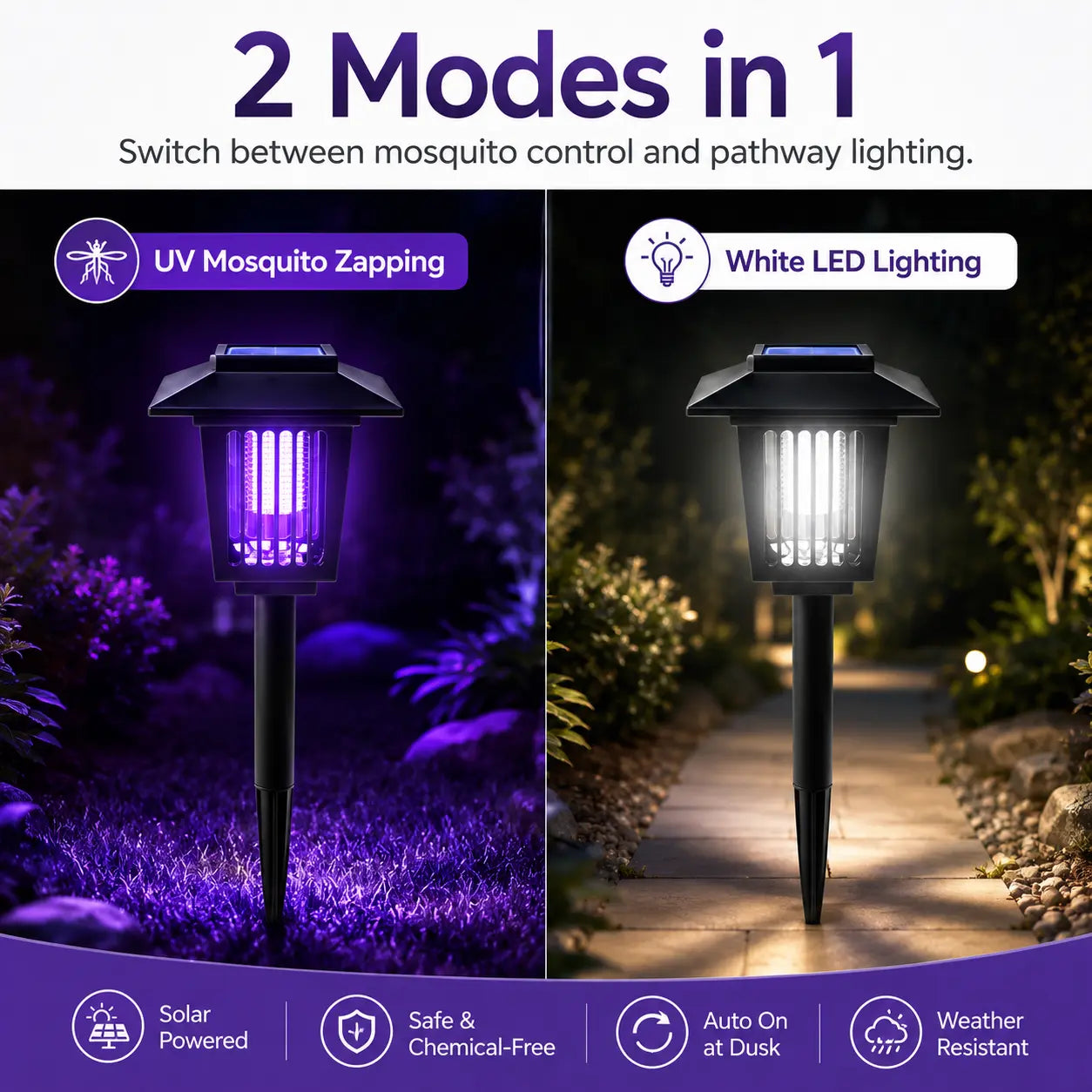 Solar Mosquito Zapper Light – Outdoor Garden Stake Lamp, UV Insect Killer, Solar Powered, Dual Mode (Mosquito Control + Pathway Lighting), Weather Resistant, Easy Setup, Small & Large Round + Square Options-ZP