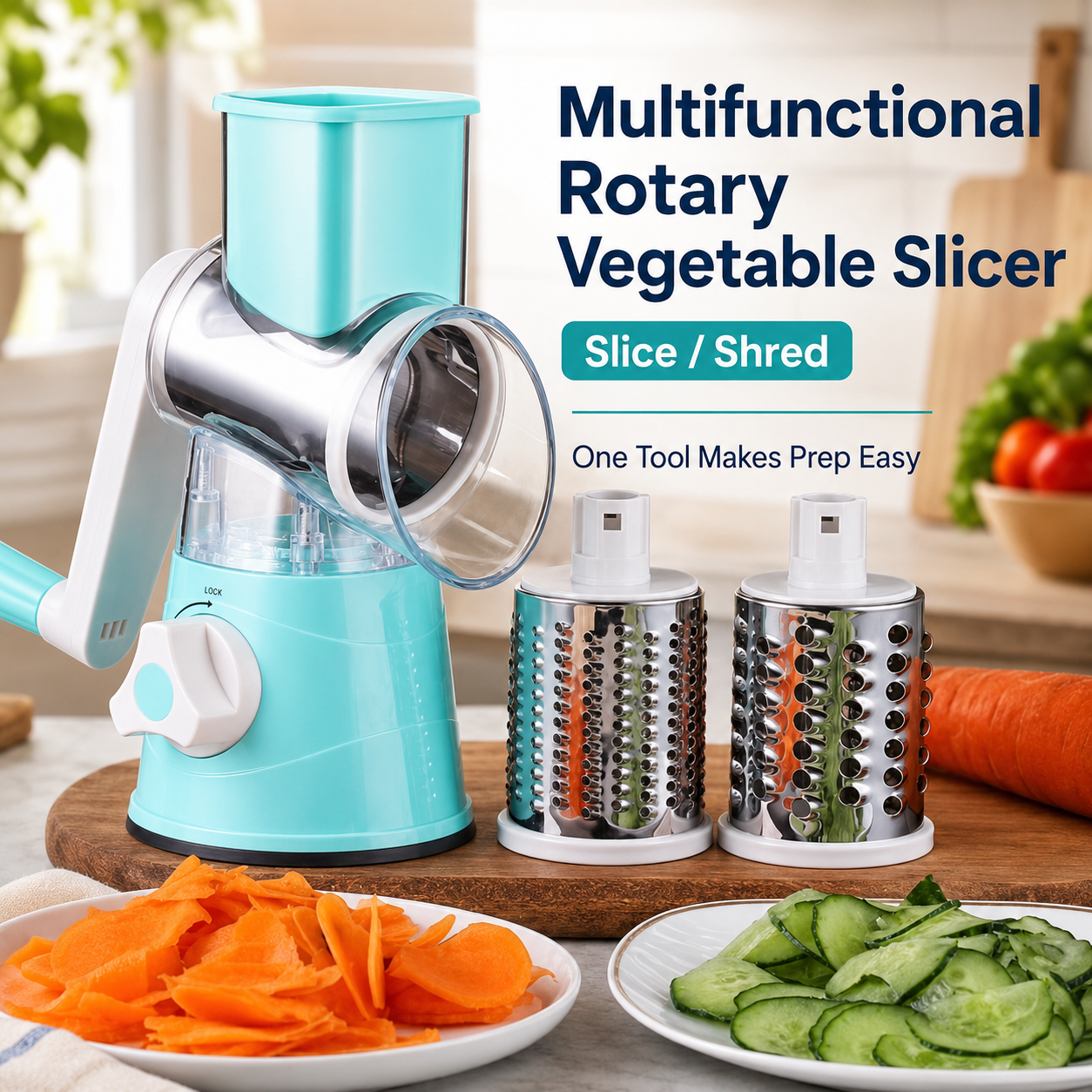 Make Fresh Salads, Shredded Veggies & Meal Prep Faster — Get 3 Interchangeable Blades FREE With Your Rotary Vegetable Slicer - WR
