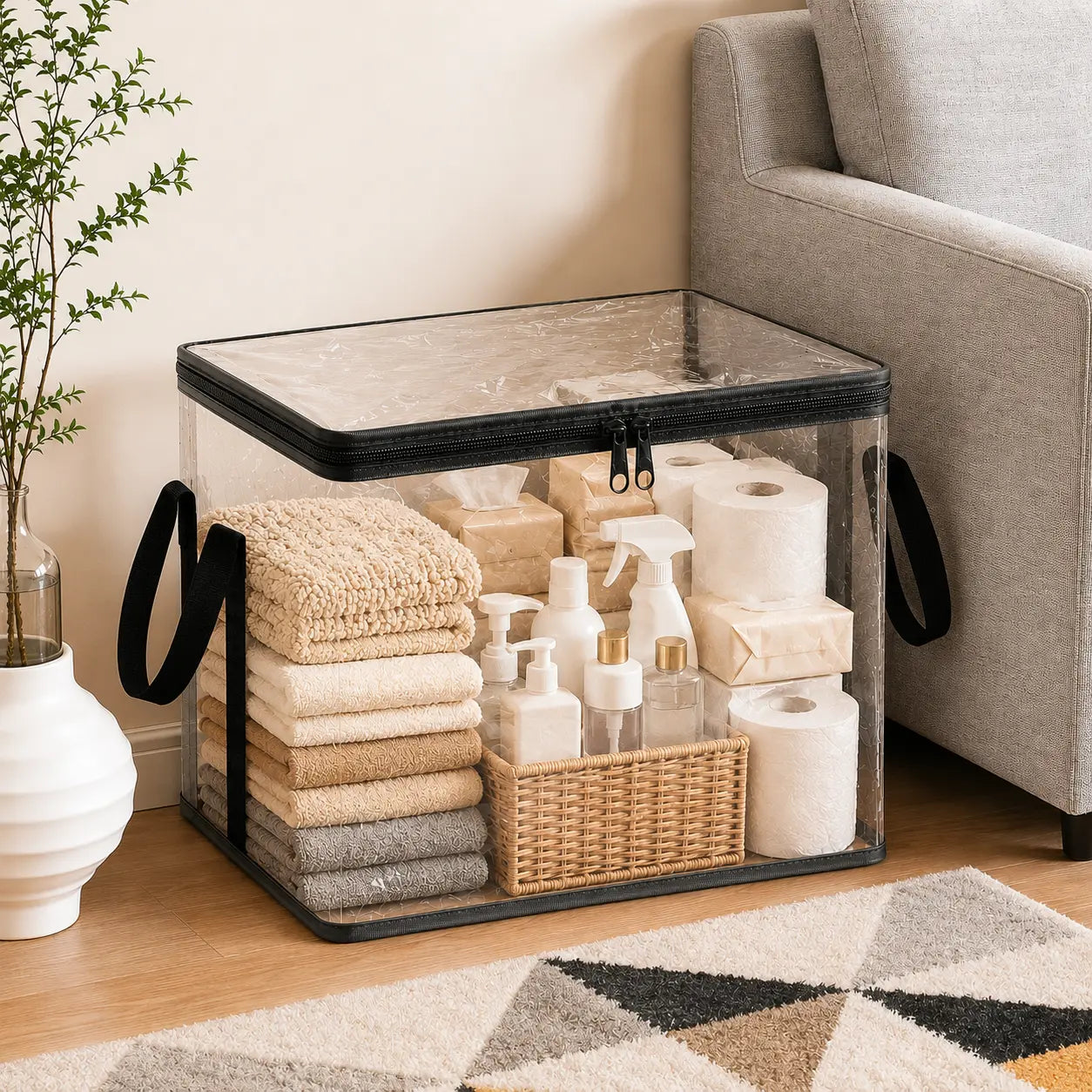 SummerVibes Stuffed Animal Storage PVC Organizer Bag Doll Storage Container Dustproof Box with Carrying Handle for Playroom Living Room Children's Birth-ZP