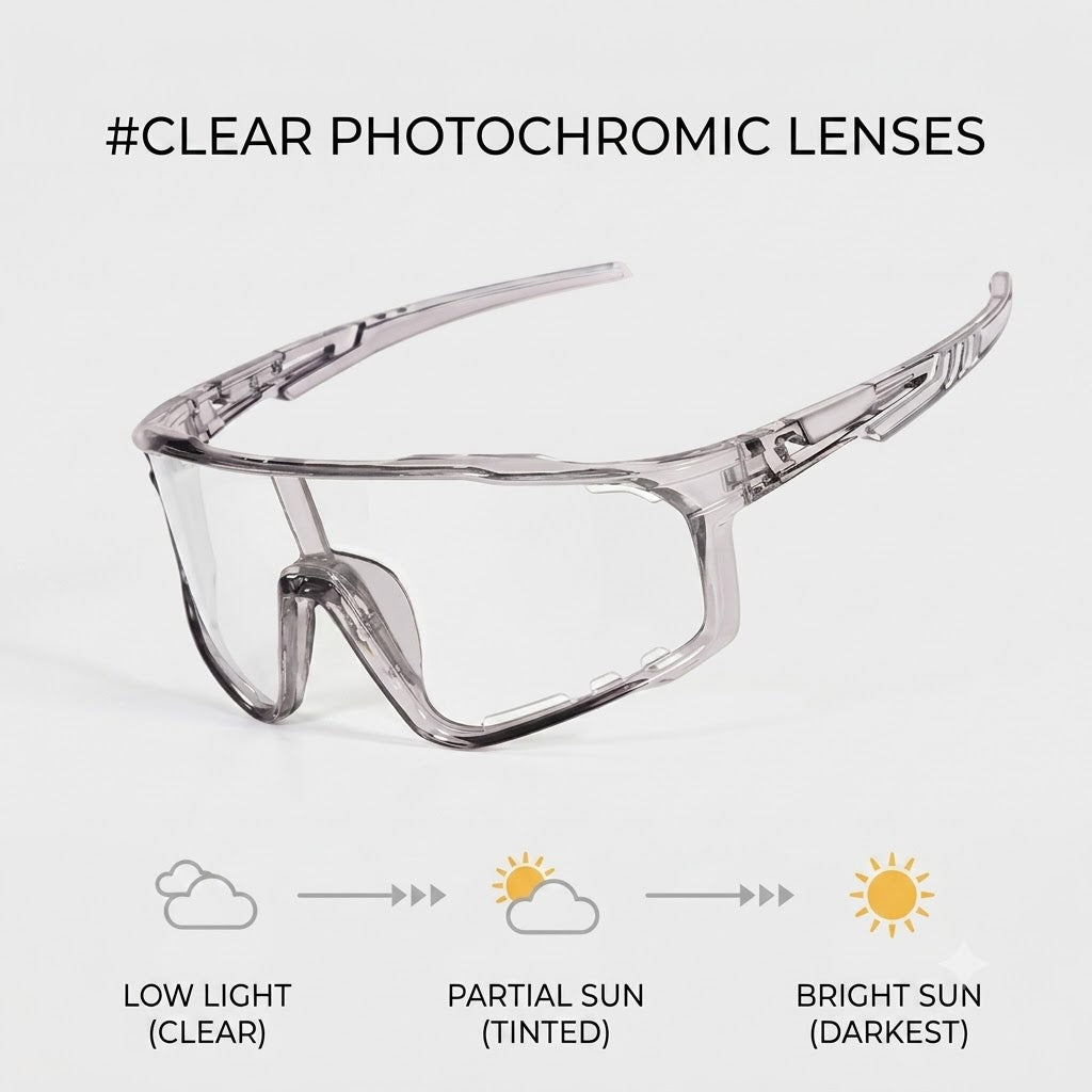 Photochromic sports glasses that adapt to sunlight automatically—ideal for cycling, running, hiking, and everyday outdoor activities-WR