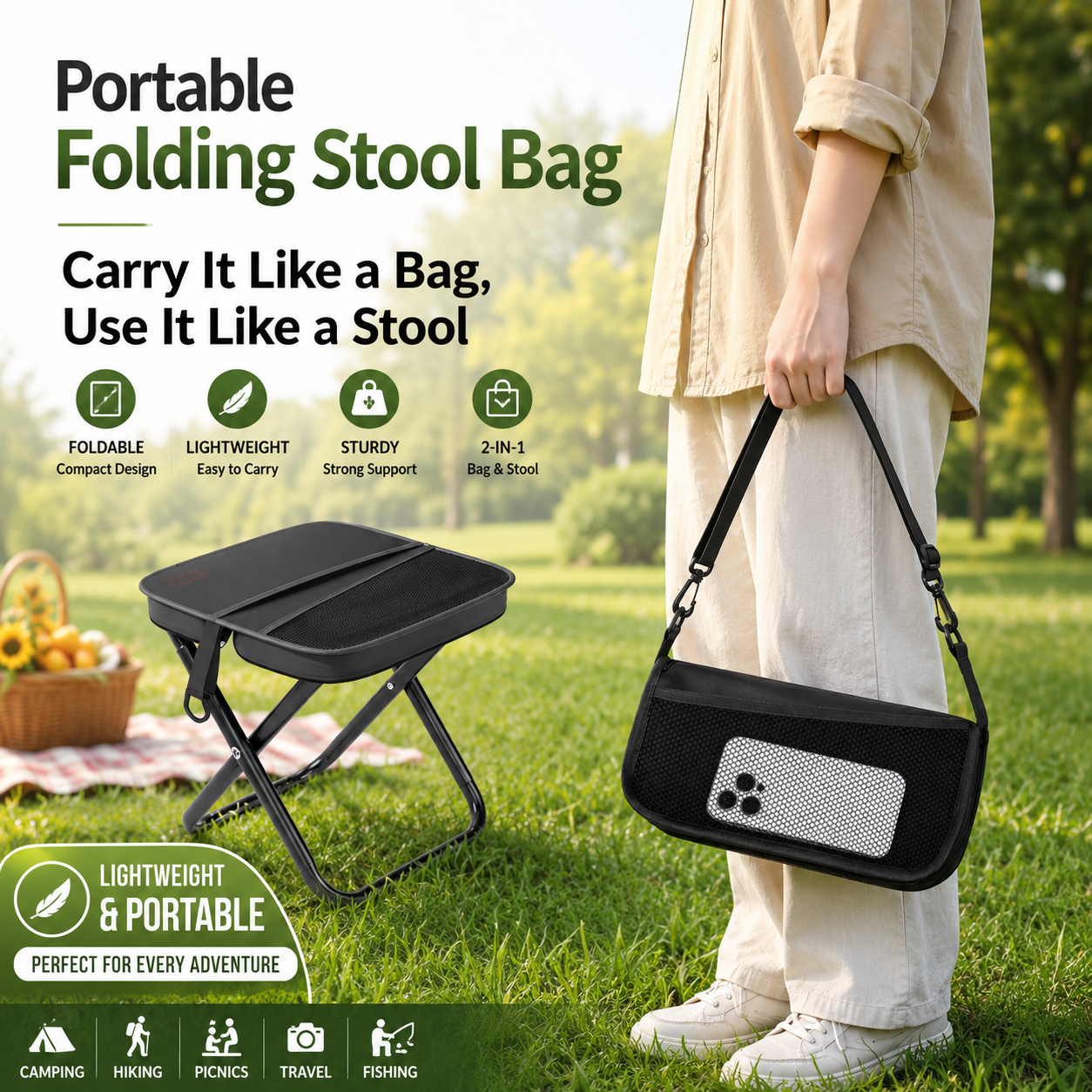 Portable Folding Stool Bag – Carry It Like a Bag, Use It Like a Seat Anywhere You Go-WR