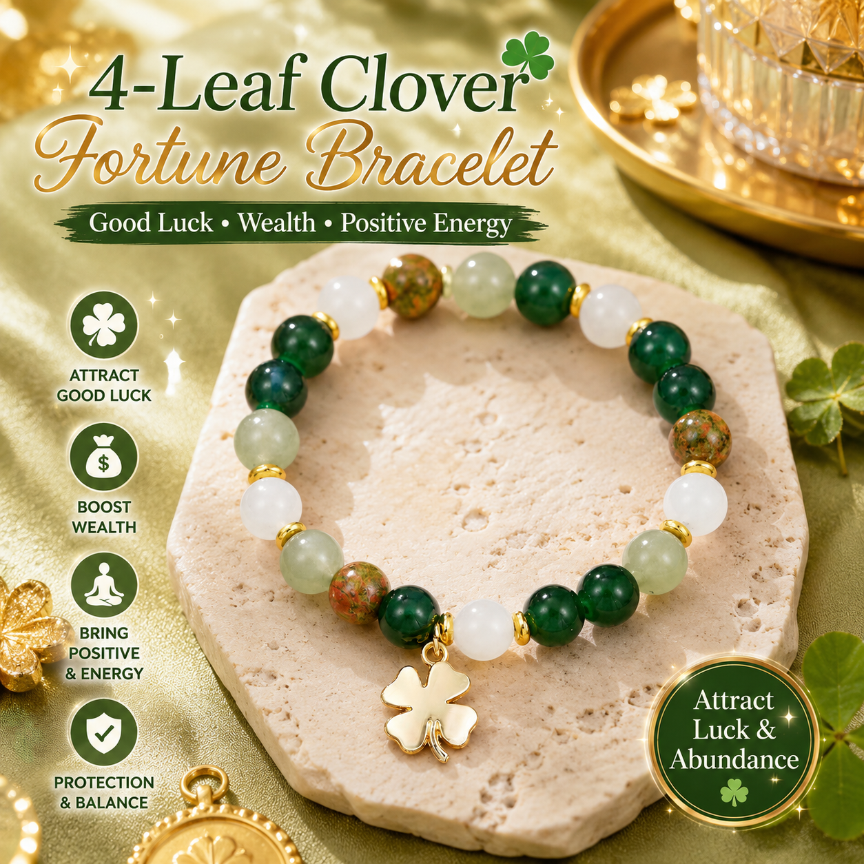 4-Leaf Clover Fortune Bracelet Carry Luck, Beauty, and Positive Energy Every Day-ZP