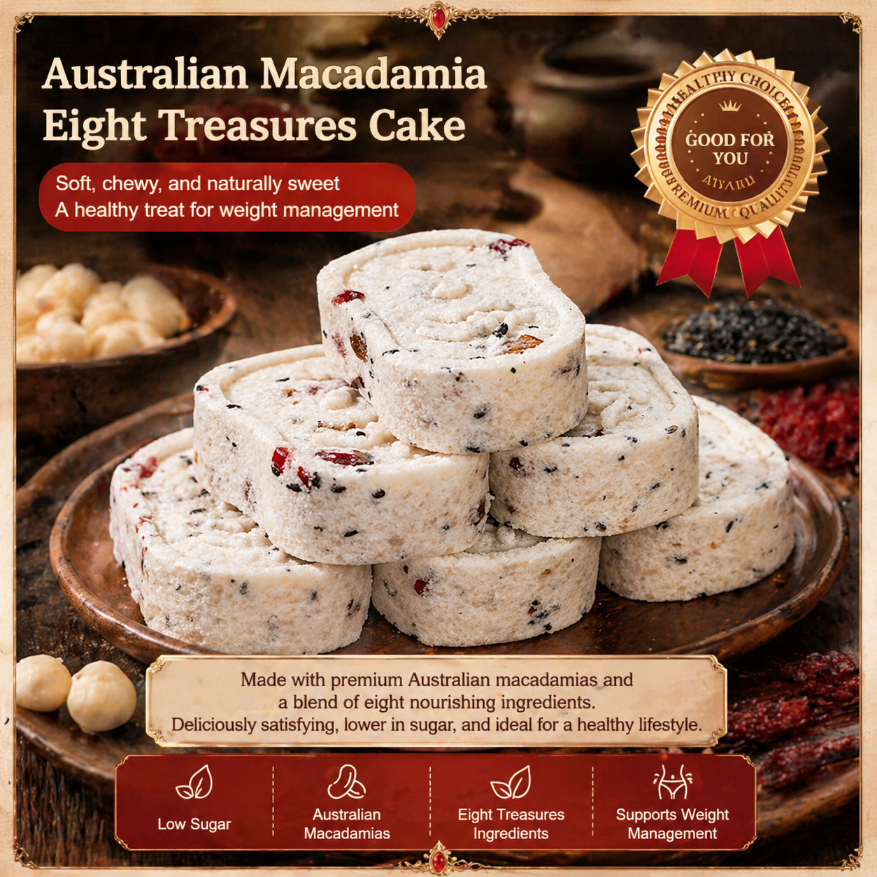 Australian-style soft and chewy nut pastry, made with eight kinds of nuts to create the eight-treasure pastry-ZP